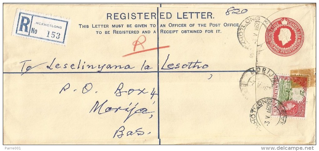 Basutoland Lesotho 1962 Mokhotlong To Morija 5c Red Registration Postal Stationary Cover Format G - 1933-1964 Colonia Británica