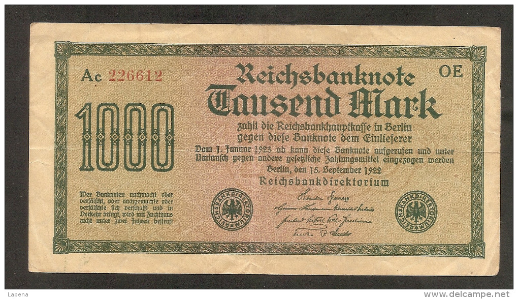 Alemania 1000 Mark 1922 Used - 1000 Mark