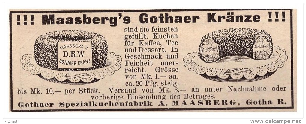 Original Werbung - 1907 - A. Maasberg In Gotha , Gothaer Kränze , Bächerei , Bäcker , Torte , Kuchen !!! - Voertuigen