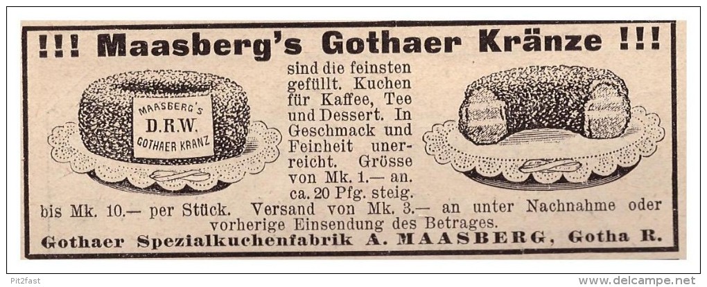 Original Werbung - 1907 - A. Maasberg In Gotha , Gothaer Kränze , Bächerei , Bäcker , Torte , Kuchen !!! - Fahrzeuge