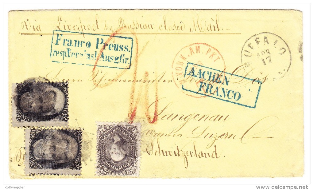 USA Brief Buffalo 17.4.18?? Nach Langnau Schweiz Transit St. "Aachen Franco" Blau Bahnstempel Basel-Olten - Lettres & Documents