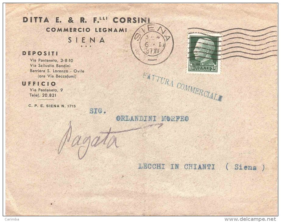 CENT.25 ATTURA COMMERCIALE DITTA E.& R.FRATELLI CORSINI SIENA - Storia Postale