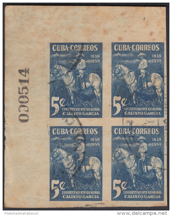 1939.104 CUBA. 1939. Ed.335s. USADO. 5c. CALIXTO GARCIA. BLOQUE 4 IMPERFORADO. NUMERO DE HOJA. SHEET NUMBER. - Neufs