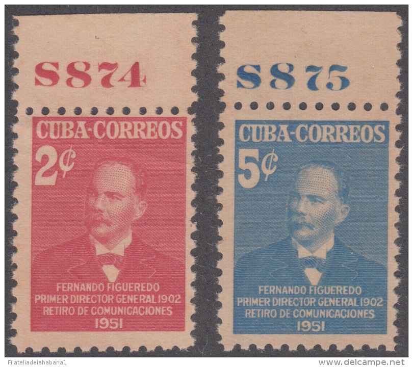1951.107 CUBA. 1951. Ed.443-44. SIN GOMA. RETIRO DE COMUNICACIONES. NUMERO PLANCHA. PLATE NUMBER. ISMAEL CESPEDES. - Ungebraucht