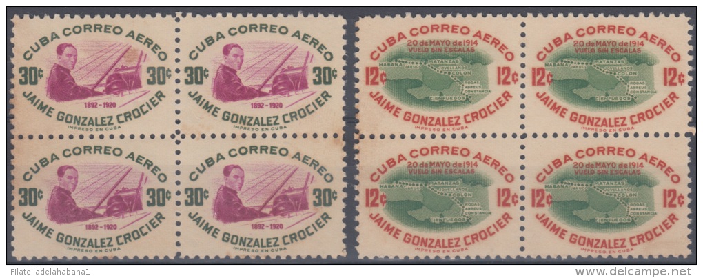 1955.104 CUBA. 1954. Ed.625-26. GOMA CON MANCHAS. JAIME GONZALEZ CROCIER. CORREO AEREO. AIRPLANE. BLOCK 4. - Neufs
