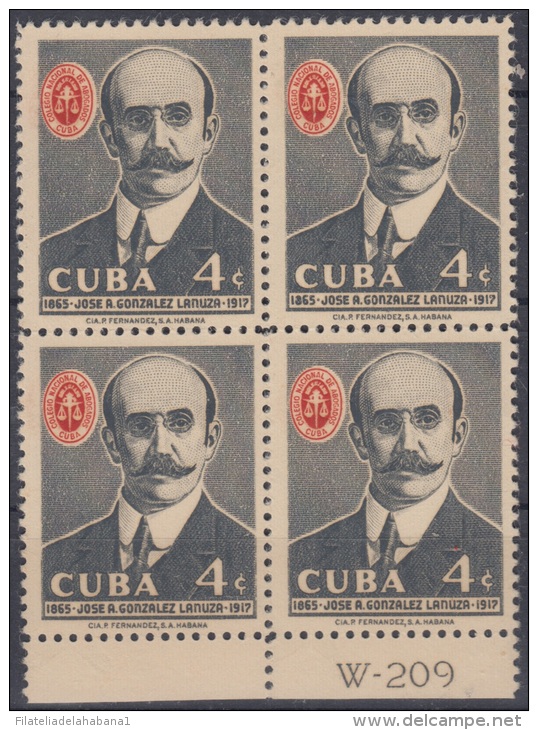 1958.108 CUBA. 1958. Ed.751. 4c. MNH. JOSE GONZALEZ LANUZA. ABOGADOS. LAWYER. BLOCK 4. PLATE NUMBER. NUMERO PLANCHA - Ungebraucht