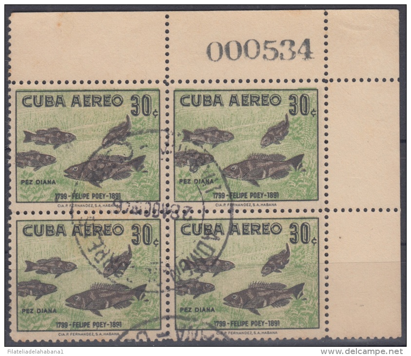 1958.114 CUBA. 1958. Ed.7701. 30c. USED. PEZ DIANA. FISH. BLOCK 4. BLOCK 4. NUMERO DE HOJA. SHEET NUMBER. - Neufs