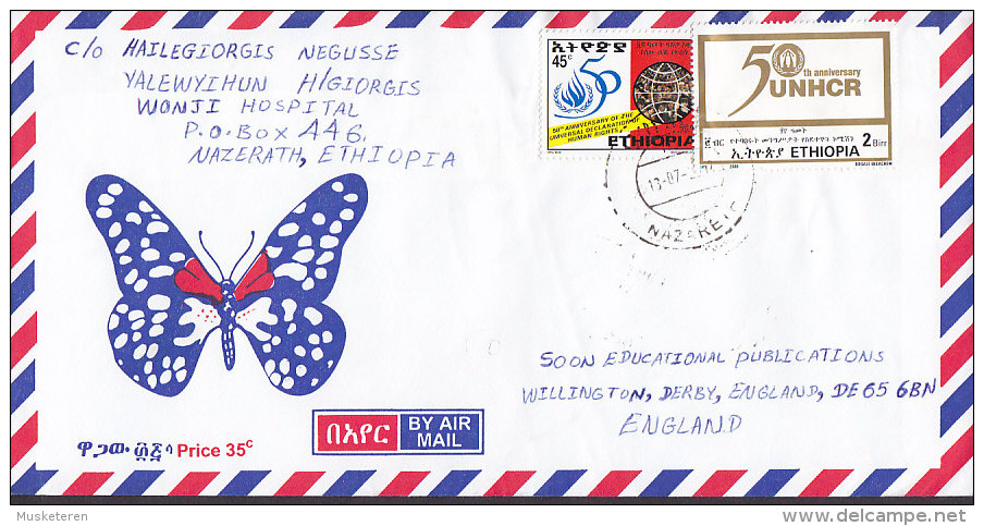 Ethiopia Airmail ADDIS ABABA 2002 Cover Brief England 2 Birr United Nations UNHCR Schmetterling Butterfly Papillon Cache - Äthiopien