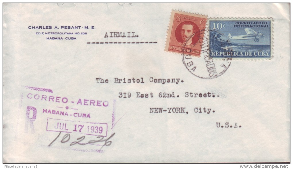 1931-H-39 CUBA. REPUBLICA. 1931. AVION AIRPLANE. 10c. 1928. CERTIFICADO AEREO DE LA HABANA A NEW YORK. US . 1933 - Lettres & Documents