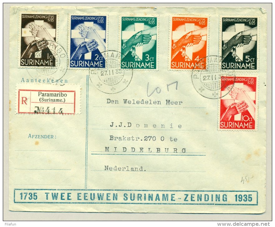 Suriname - 1935 - R-cover Met Complete Serie Zendingszegels Op Brief Naar Zeist/NL - Suriname