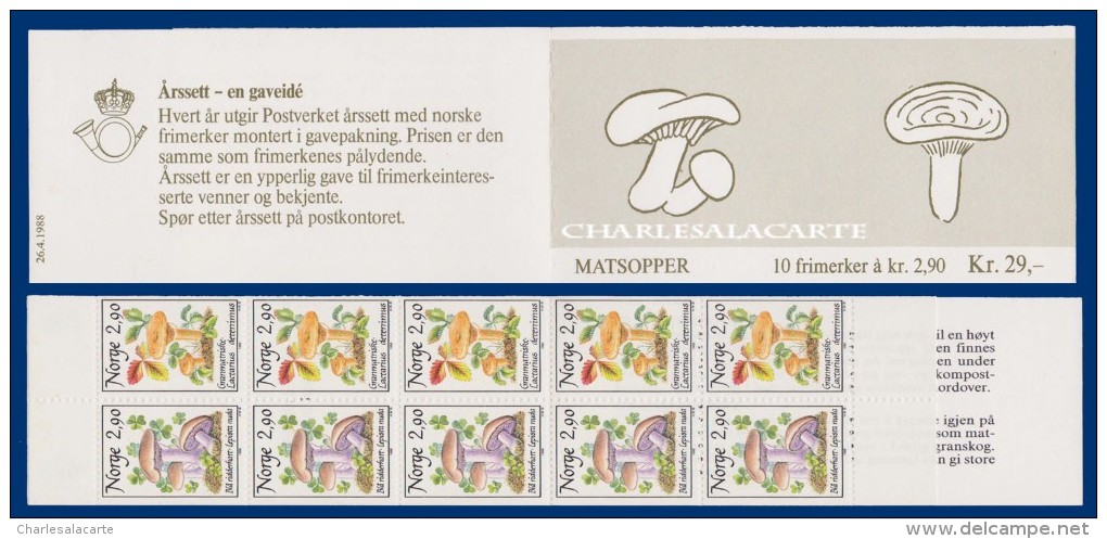 1988 NORWAY MUSHROOMS BOOKLET 29 KR. FACIT H 71 CARNET CHAMPIGNONS - Booklets
