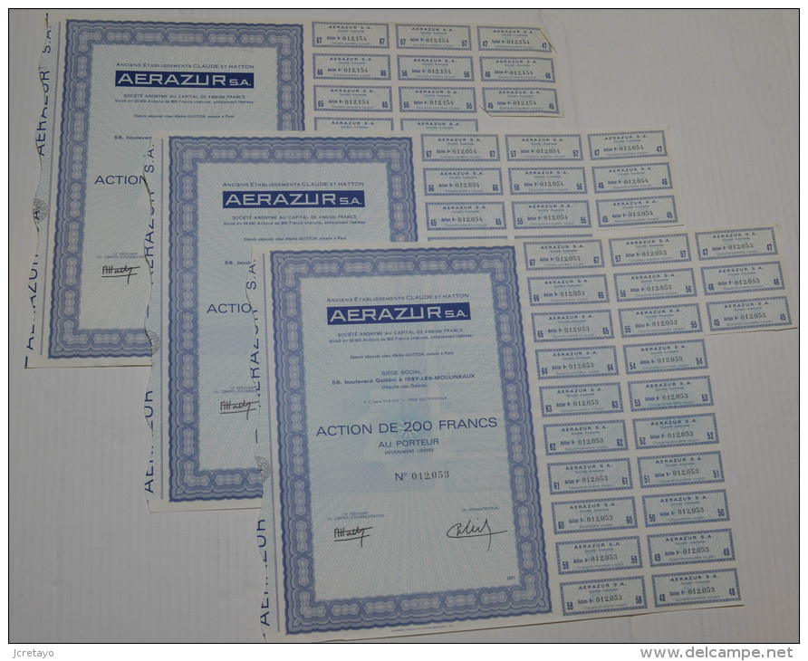 3 Titres, Anciens Ets Claude Et Hatton Aerazur à Issy Les Moulineaux - Luchtvaart
