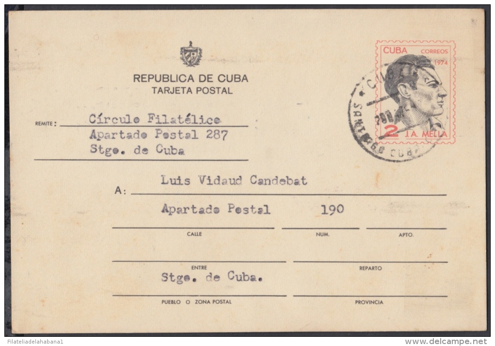 1974-EP-3 CUBA 1974. Ed.111. TARJETA ENTERO POSTAL. POSTAL STATIONERY. JULIO ANTONIO MELLA. USED. SANTIAGO DE CUBA. - Lettres & Documents