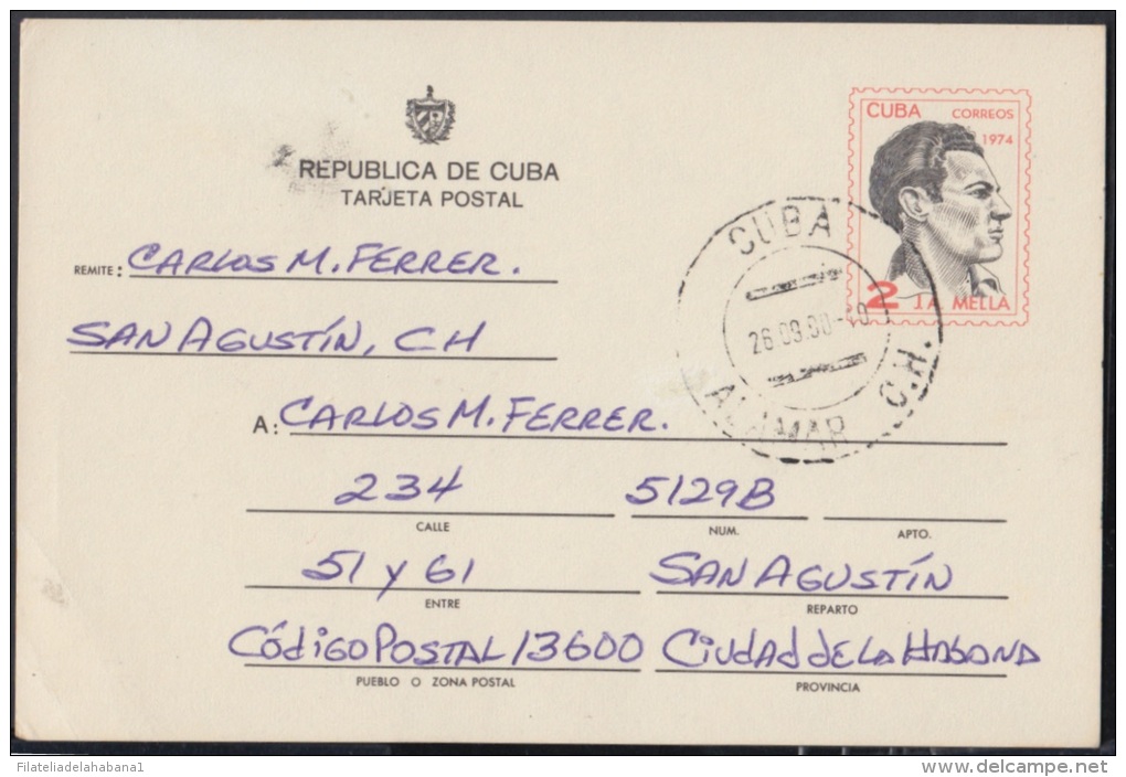 1974-EP-5 CUBA 1974. Ed.111. TARJETA ENTERO POSTAL. POSTAL STATIONERY. JULIO ANTONIO MELLA. USED. ALAMAR. - Cartas & Documentos