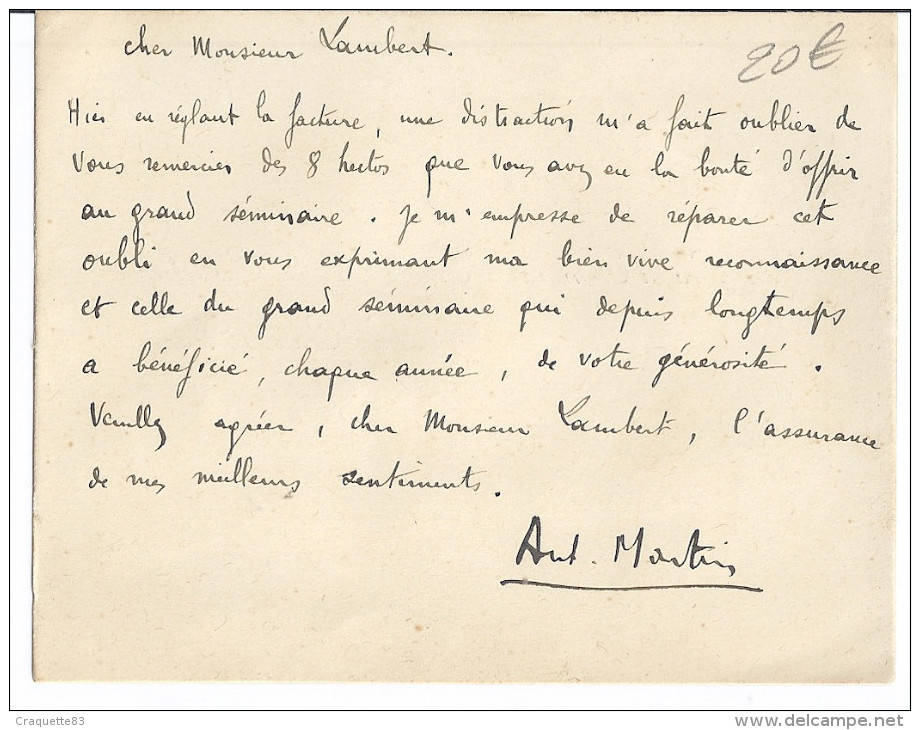 CARTE DE REMERCIEMENT DU SUPERIEUR DU  GRAND SEMINAIRE AUBERT DE LA CASTILLE -LA CRAU VAR - Other & Unclassified