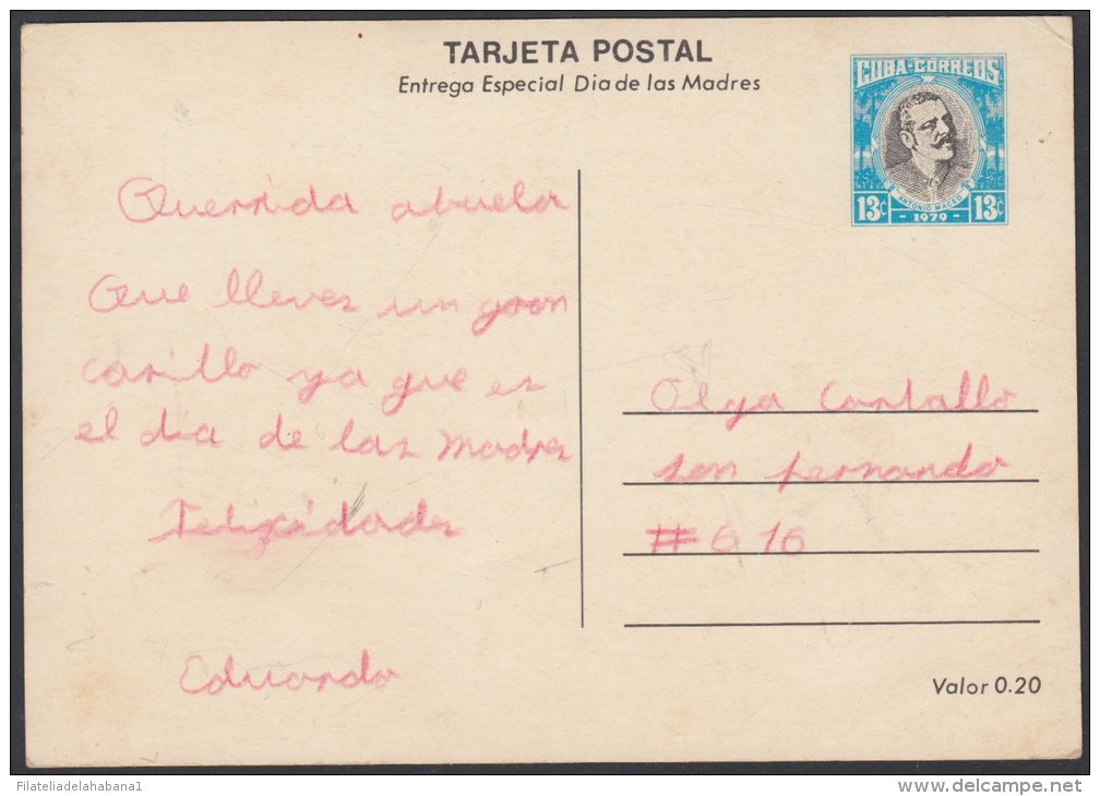 1979-EP-19 CUBA 1979. Ed.123d. MOTHER DAY SPECIAL DELIVERY. POSTAL STATIONERY. JARRON CON FLORES. FLOWERS. FLORES. USED. - Brieven En Documenten