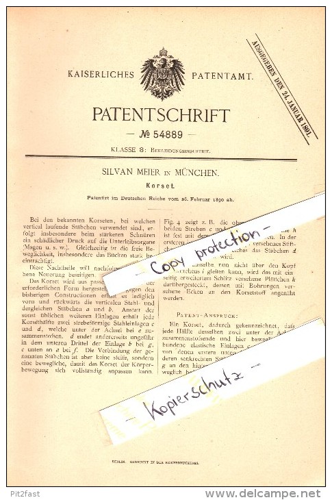 Original Patent - Silvan Meier In München , 1890 , Korsett , Corset !!! - Avant 1900