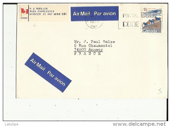 Enveloppe Flamme Timbrée Du Canada De Exp:Mr H J  Mueller Windsor 21 Adressé A Mr J P  Salze A Annecy 74 - Poste Aérienne