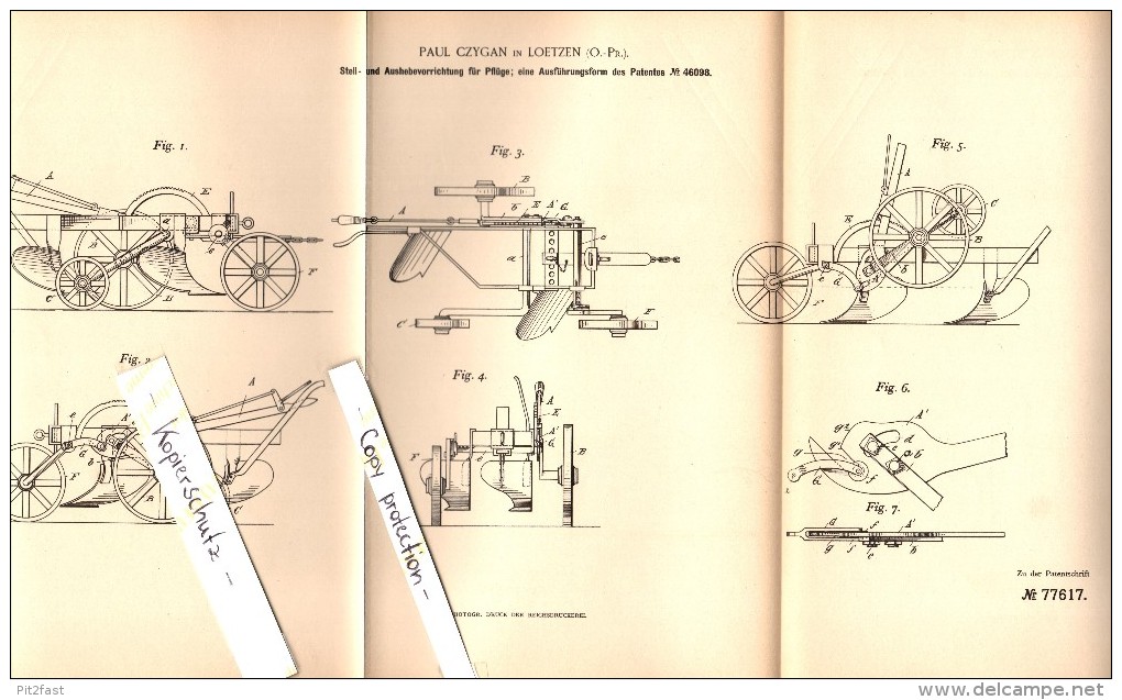 Original Patent - Paul Czygan In Lötzen / Gizycko , Ostpreussen , 1893 , Vorrichtung Für Pflug , Agrar . Landwirtschaft - Ostpreussen