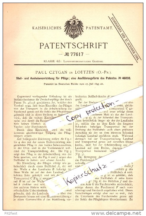 Original Patent - Paul Czygan In Lötzen / Gizycko , Ostpreussen , 1893 , Vorrichtung Für Pflug , Agrar . Landwirtschaft - Ostpreussen
