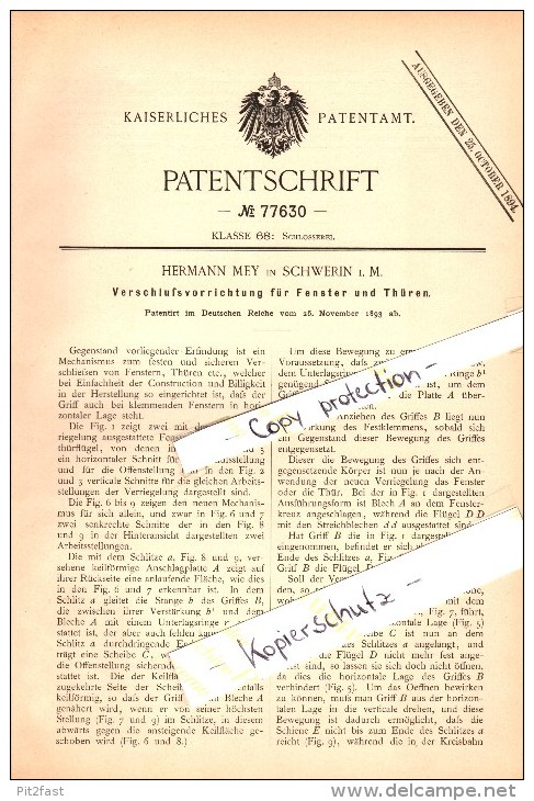 Original Patent - Hermann Mey In Schwerin I. Mecklenburg , 1893 , Verschluß Für Fenter Und Türen , Fensterbau , Bau !!! - Schwerin