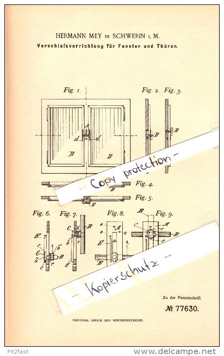 Original Patent - Hermann Mey In Schwerin I. Mecklenburg , 1893 , Verschluß Für Fenter Und Türen , Fensterbau , Bau !!! - Schwerin