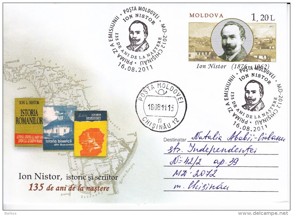 MOLDOVA   MOLDAVIE  MOLDAWIEN  2011 I.Nistor , Historical , Writer , Map , Bells , Pre-paid Envelope ,  FDC , Used. - Moldova