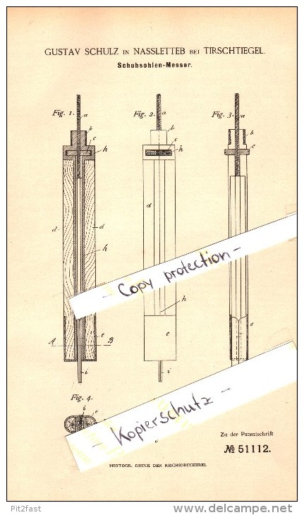 Original Patent - G. Schulz In Naßletteb B. Tirschtiegel / Trzciel , 1889 , Schuhsohlen-Messer , Westpreussen , Meseritz - Westpreussen