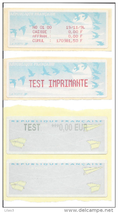 4 Vignettes 1 TEST IMPRIMANTE, 1 TEST 0.00EUR, 1 VIERGE, 1 COMPTE DE MACHINE - 1990 « Oiseaux De Jubert »