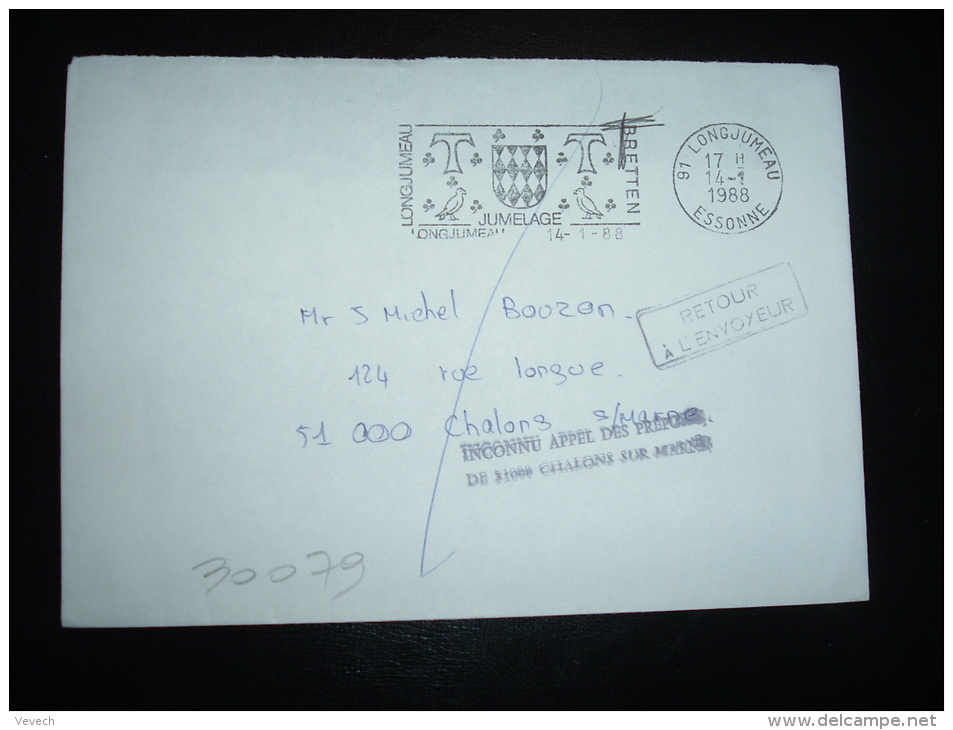 LETTRE OBL.MEC. 14-1-1988 LONGJUMEAU (91) + GRIFFE CHALONS SUR MARNE (51 MARNE) - Manual Postmarks