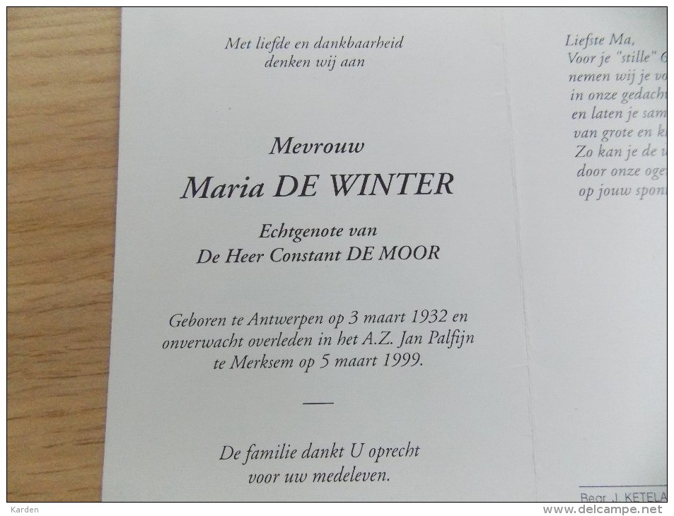 Doodsprentje Maria De Winter Antwerpen 3/3/1932 Merksem 5/3/1999 ( Constant De Moor ) - Religione & Esoterismo