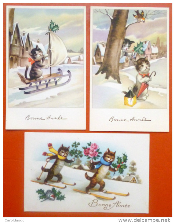 Lot 3x Litho Coloprint 4560 Photochrom 308 Chats Chat Humanisé Neige Parapluie Lampion Lanterne Ski Luge A Voile - Chats