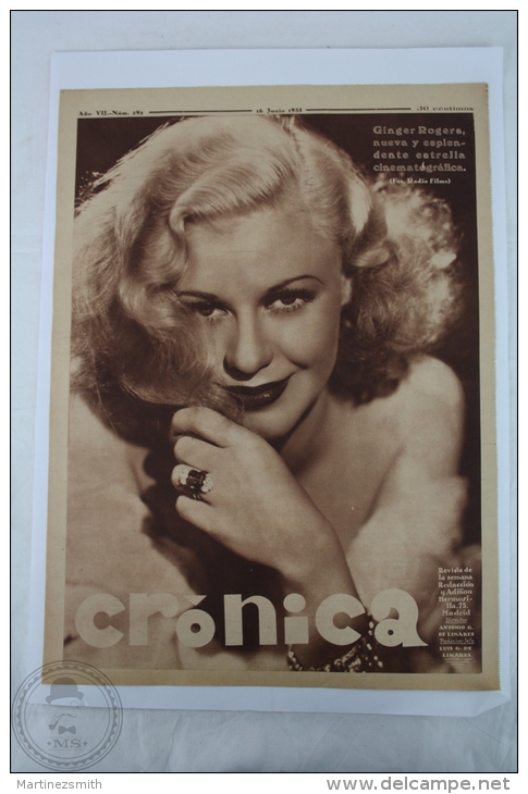 Old 1935 Cinema Magazine Clipping Page - Big Image Of The Actress Ginger Rogers - [1] Tot 1980