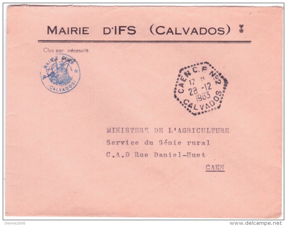 1963- Enveloppe De Mairie D´IFS En Franchise Oblit. CAEN C.P. N°2 /  CALVADOS - 1921-1960: Modern Period