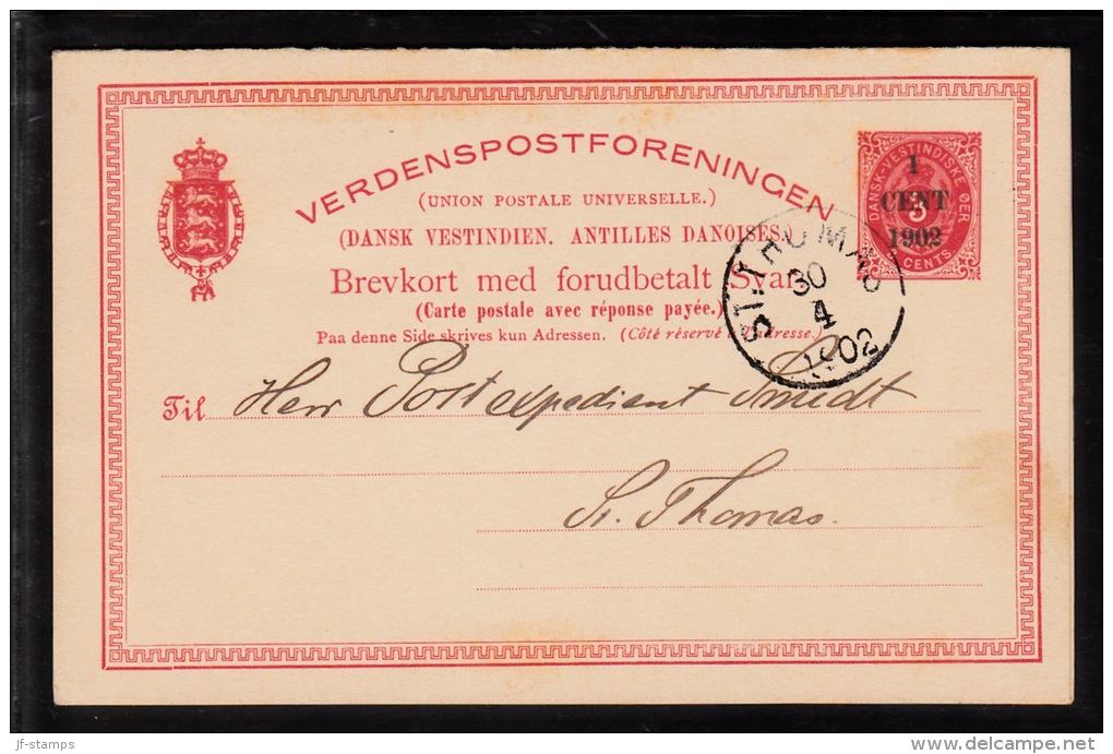 1902. Bi-coloured Type. Surcharge 1+1 Cent 1902 On 3+3 CENTS Red DOBBELT Brevkort. Only... (Michel: FACIT BKd 6) - JF103 - Danish West Indies