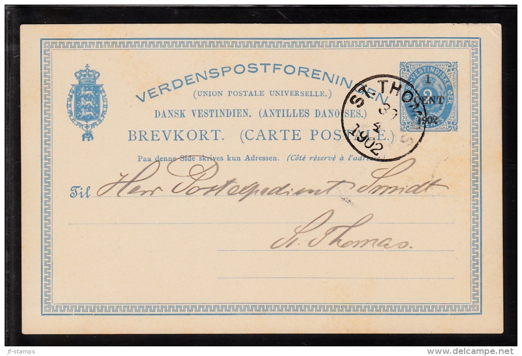 1902. Surcharge On Bi-coloured Type. 1 CENT 1902 On 2 CENTS Blue BREVKORT. 5 Text Lines... (Michel: FACIT BK 7) - JF1036 - Danish West Indies