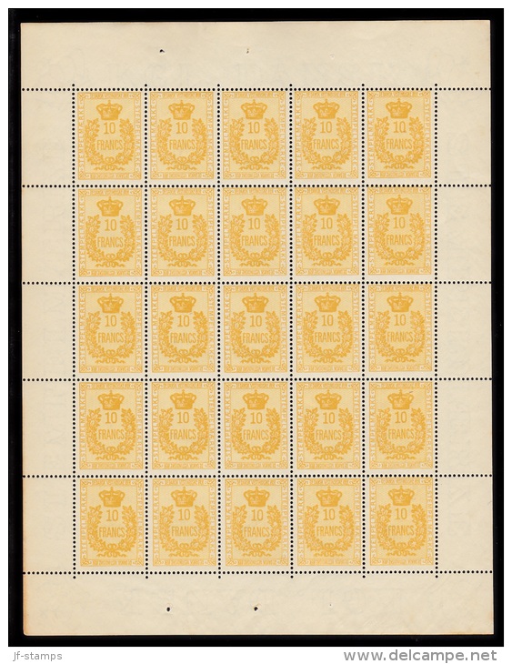 1907. STEMPELMÆRKE 10 FRANCS Yellow. Complete Sheet With 25 Seals. (Michel: ) - JF112048 - Danish West Indies