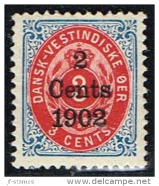 1902. Surcharge. Copenhagen Surcharge. 2 Cents 1902 On 3 C. Blue/red. Inverted Frame. (Michel: 25 II) - JF153363 - Danish West Indies