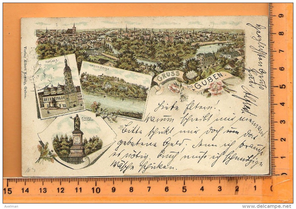 GUBEN: Litho Multi Vues, Panorama, Rathaus, Neisse-Berge, Sieges Denkmal - Guben