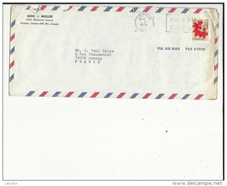 Enveloppe Flamme Timbrée Du Canada De Exp:Mr H J  Mueller Windsor Ontario Adressé A Mr J P  Salze A Annecy 74 - Airmail