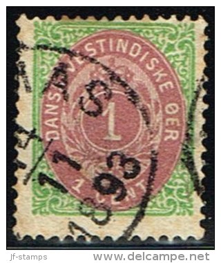 1873-1874. Bi-coloured. 1 C. Green/red. Normal Frame. Perf. 14x13½. ST. THOMAS 14 11 1893. (Michel: 5 Ib) - JF158895 - Danish West Indies