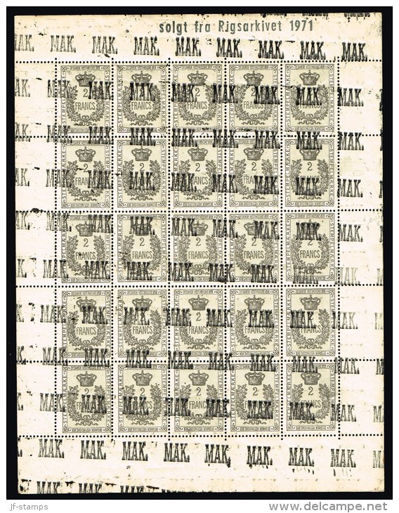 STEMPELMÆRKE DE DANSKE VESTINDISKE ØER 2 FRANCS. Complete Sheet (25 Ex.) With MAK And S... (Michel: ) - JF171552 - Danish West Indies