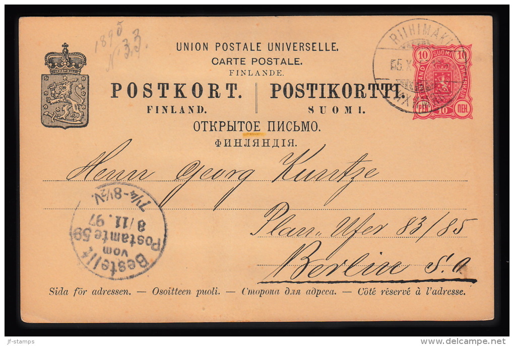 RIHIMÄKI 5. X. 1897. On 10 PEN POSTKORT To Berlin.  (Michel: ) - JF104688 - Entiers Postaux