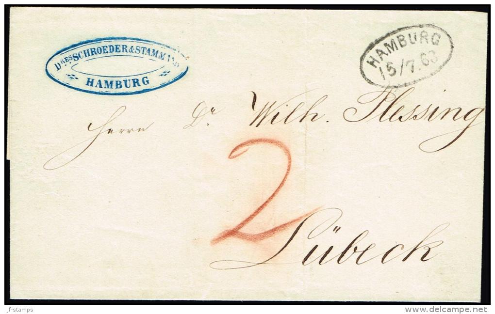 1863. HAMBURG 15/7 63 In Oval On Cover To Lübeck. Porto 2 In Redbrown. (Michel: ) - JF106209 - Hamburg