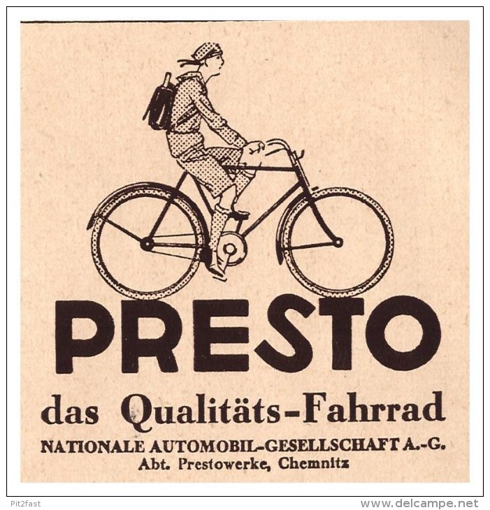 Original Werbung - 1930 - PRESTO - Qualitätsfahrrad , Nationale Automobil AG , Prestowerke Chemnitz !!! - Sonstige & Ohne Zuordnung