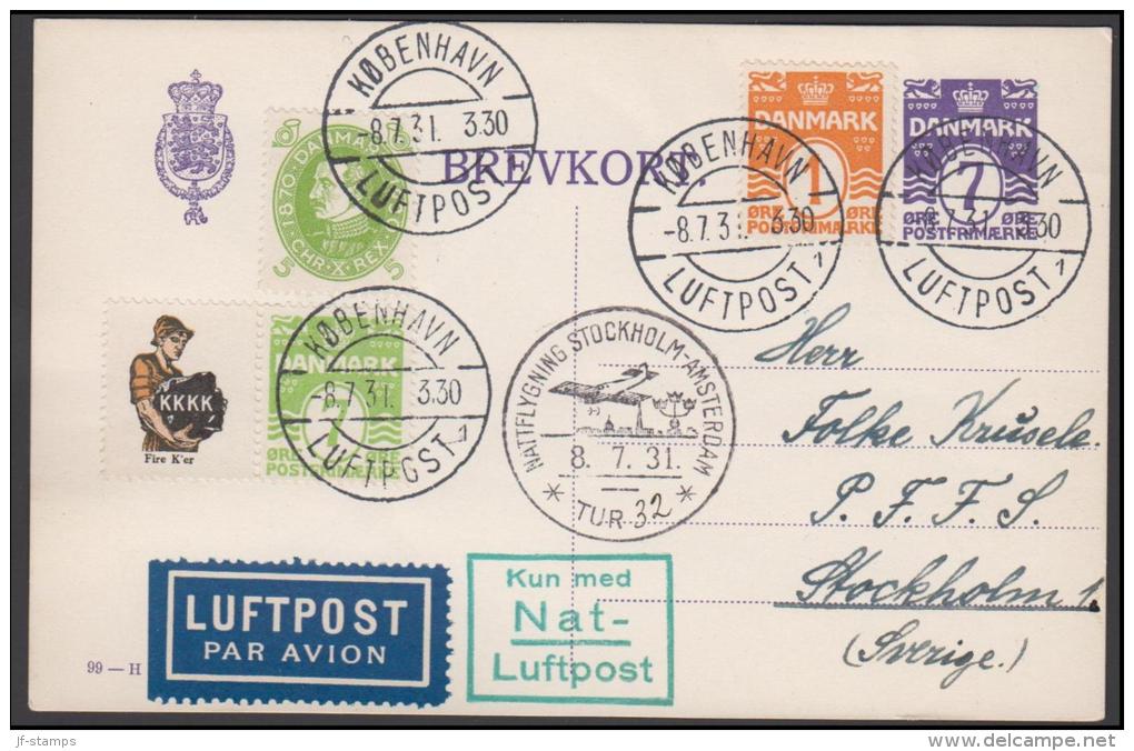 1927-1930. Wavy-line. KKKK + 7 øre Yellowgreen On 7 øre BREVKORT (99-H.) NATTFLYGNING S... (Michel: R 34) - JF171159 - Plaatfouten En Curiosa