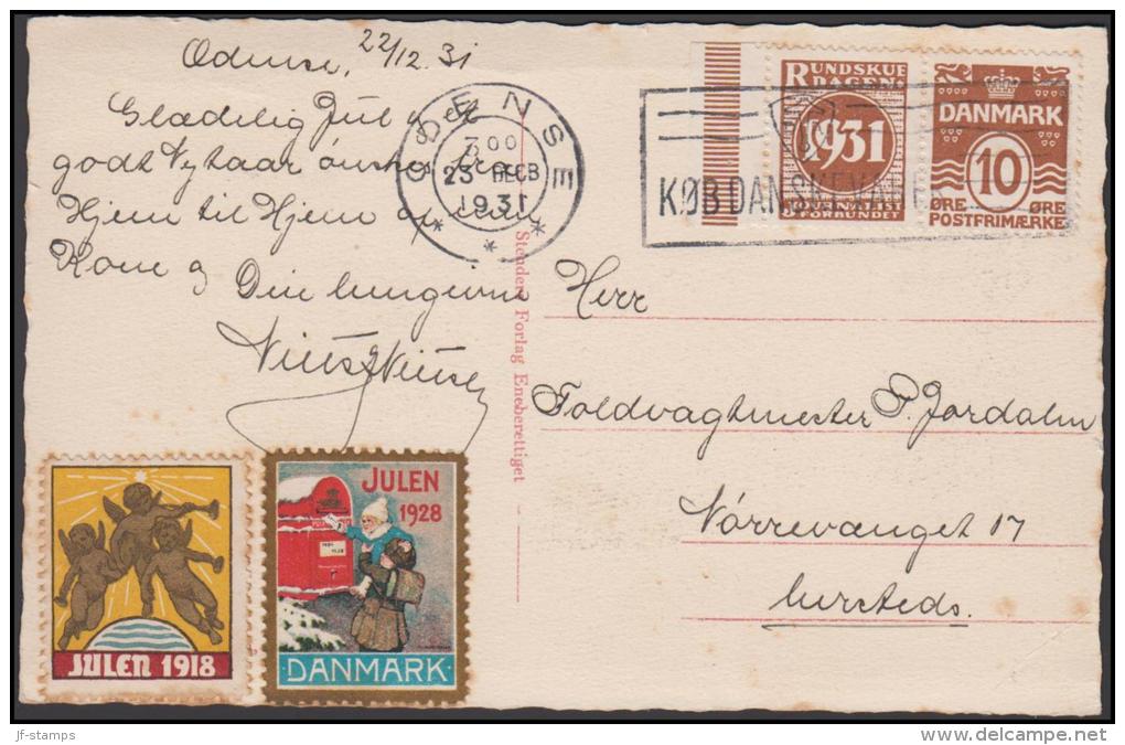 1931-1933. Wavy-line. RUNDSKUEDAGEN 1931 + 10 øre Yellowbrown On Postcard From ODENSE 2... (Michel: R 48) - JF171254 - Abarten Und Kuriositäten