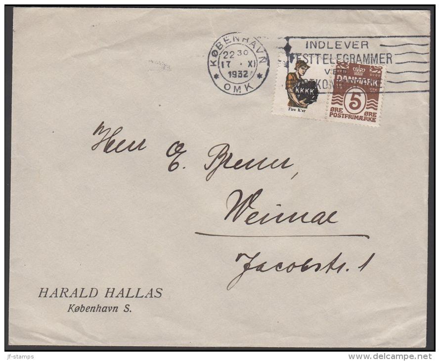 1927-1930. Wavy-line. KKKK + 5 øre Brown On Letter To Weimar From KØBENHAVN 17. IX. 1932. (Michel: R 33) - JF171179 - Variétés Et Curiosités