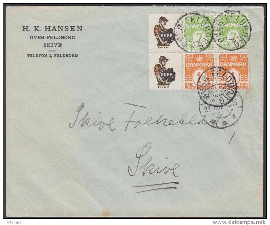 1927-1930. Wavy-line. KKKK + 1 øre Yellow  + 7 øre On Cover From SKIVE 29.5.32. And Can... (Michel: R 31) - JF171167 - Plaatfouten En Curiosa