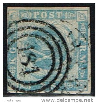 1855. Dotted Spandrels. 2 Skilling Blue. 181 SJÆLLANDSKE JB. P. Very Scarce Cancel On T... (Michel: 3) - JF158446 - Unused Stamps